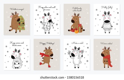 Vector collection of cards with hand drawing cute winter deer and slogan. Creative postcard set for New 2020 Year with reindeer. Cartoon doodle isolated illustration. Winter holidays