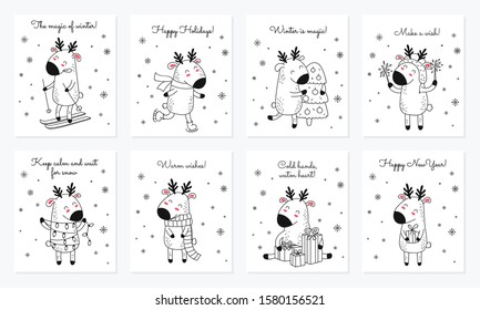 Vector collection of cards with hand drawing cute winter deer and slogan. Creative postcard set for New 2020 Year with reindeer. Cartoon doodle isolated illustration. Winter holidays