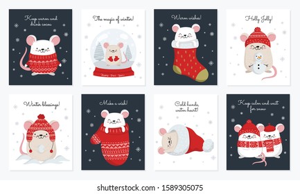Vector collection of cards with hand drawing cute winter rats in cozy clothes. Creative banner set with funny mice for New 2020 Year. Symbol the Chinese calendar. Doodle illustration. Winter holidays.