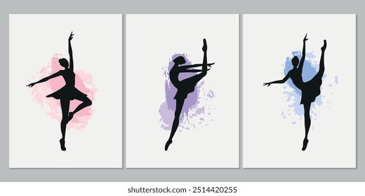 Vector collection of cards with silhouettes of dancing ballerinas.