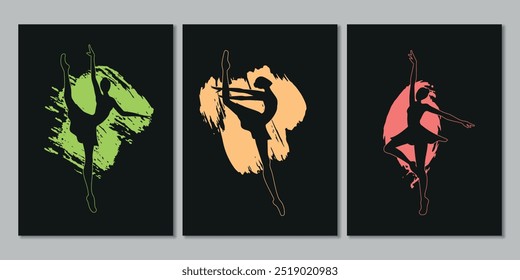 Vector collection of cards with silhouettes of dancing ballerinas.