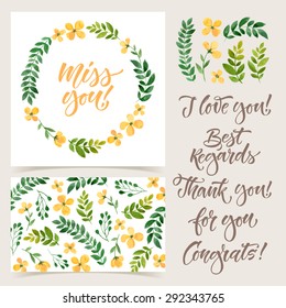 Vector collection of cards template.  Watercolor elements and patterns, calligraphic phrase. Spring or summer design for invitation, wedding or greeting cards