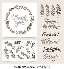  Vector collection of cards template.  Watercolor elements and patterns, calligraphic phrase. Spring or summer design for invitation, wedding or greeting cards