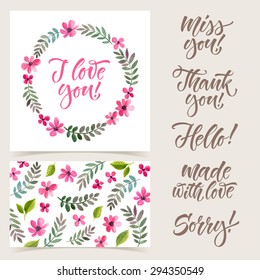  Vector collection of cards template.  Watercolor elements and patterns, calligraphic phrase. Spring or summer design for invitation, wedding or greeting cards