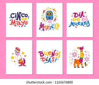 Vector collection of cards with traditional decoration Mexico party, carnival, celebration, fiesta event in flat hand drawn style. Text congratulation, skull, floral elements, petals, animals, cacti.