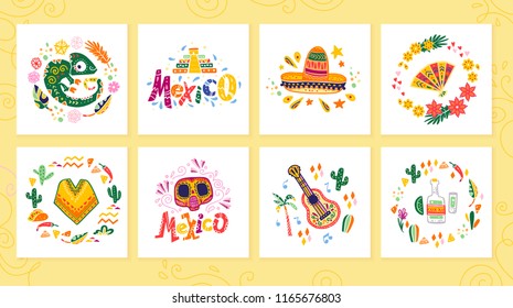 Vector collection of cards with traditional decoration Mexico party, carnival, celebration, fiesta event in flat hand drawn style. Text congratulation, skull, floral elements, petals, animals, cacti.