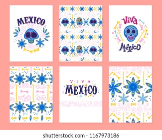 Vector collection of cards with traditional decoration for Mexico day dead party. Dia de los muertos decor in flat hand drawn style. Text congratulation, skull, floral elements, petals, bones, pattern