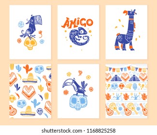 Vector collection of cards with traditional decoration for Mexico day dead party, dia de los muertos celebration in flat hand drawn style. Parrot, llama, toucan, pattern with skull, guitar, sombrero.