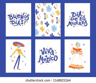 Vector collection of cards with traditional decoration for Mexico day dead party, dia de los muertos celebration in flat hand drawn style. Lettering congratulation, guitar, sombrero, skeleton, pattern