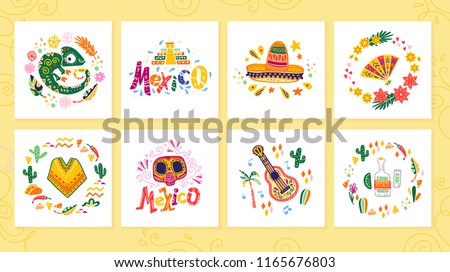 Vector collection of cards with traditional decoration Mexico party, carnival, celebration, fiesta event in flat hand drawn style. Text congratulation, skull, floral elements, petals, animals, cacti.