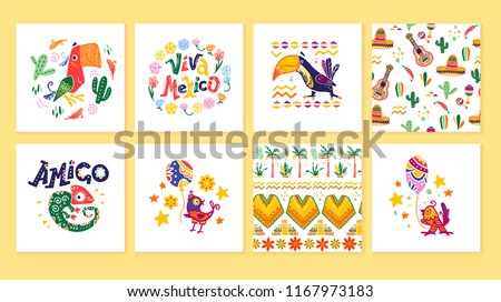 Vector collection of cards with traditional decoration for Mexico party, carnival, celebration, fiesta event in flat hand drawn style. Animals, floral elements, petals, cacti, lettering, patterns.