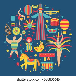 Vector collection with carnival,circus, fun fair, vector icons and background and illustration Colored icons collection. Place for your text. Circus concept.