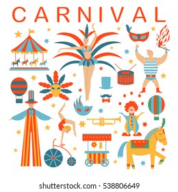 Vector collection with carnival,circus, fun fair, vector icons and background and illustration Colored icons collection. Place for your text. Circus concept.