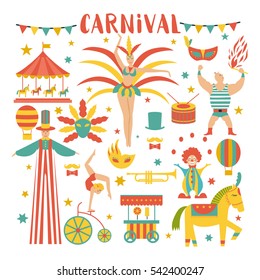 Vector collection with carnival,circus, fun fair, vector icons and background and illustration Colored icons collection. Place for your text. Carnival concept.