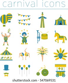 Vector collection with carnival,circus, fun fair, vector icons and background and illustration Colored icons collection. Place for your text. Carnival concept.