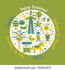 Vector collection with carnival,circus, fun fair, vector icons and background and illustration Colored icons collection. Place for your text. Carnival concept.