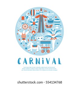 Vector collection with carnival,circus, fun fair, vector icons and background and illustration Colored icons collection. Place for your text. Carnival concept.