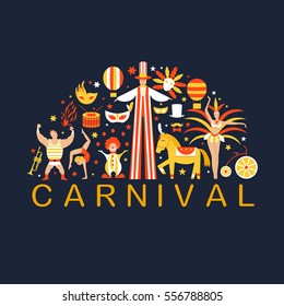 Vector collection with carnival,circus, fun fair, vector icons and background and illustration Colored icons collection. Place for your text. Carnival concept.