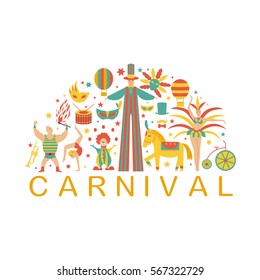 Vector collection with carnival,circus, fun fair, vector icons and background and illustration Colored icons collection. Place for your text. Carnival concept.