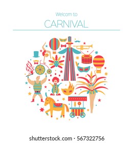 Vector collection with carnival,circus, fun fair, vector icons and background and illustration Colored icons collection. Place for your text. Carnival concept.