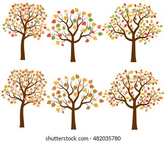 Vector collection of cartoon autumn trees with green, red, yellow and brown leaves - flat design.