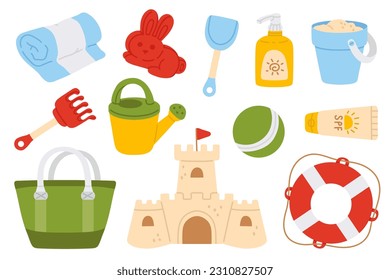 A vector collection of cartoon beach tools, toys including a sandcastle, beach bag, a beach ball  and a bucket.