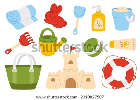 A vector collection of cartoon beach tools, toys including a sandcastle, beach bag, a beach ball  and a bucket.