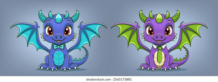 Vector collection of cartoon colored cute funny comical little baby dragons in bow tie and tie. Fairytale smiling kind sitting mythical winged and horned toon animals.