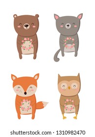 Vector collection of cartoon cute animals with flower wreath. Perfect for baby shower, postcard, label, brochure, flyer, page, banner design. Spring holidays