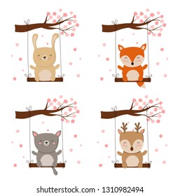 Vector collection of cartoon cute animals on swing. Perfect for baby shower, postcard, label, brochure, flyer, page, banner design. Spring holidays