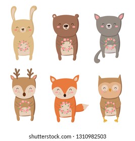 Vector collection of cartoon cute animals with flower wreath. Perfect for baby shower, postcard, label, brochure, flyer, page, banner design. Spring holidays
