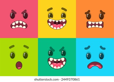 vector collection of cartoon faces in various expressions, angry, happy, scared, shocked, evil laugh, sad. monsters, cute, children, background, cover