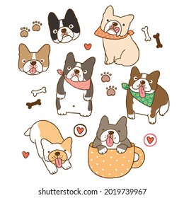 Vector Collection of Cartoon French Bulldog Illustration on Isolated Background