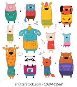 Vector collection of cartoon funny animals. Hand drawn graphic zoo. Perfect for baby shower, postcard, label, brochure, flyer, page, banner design, shirt print.