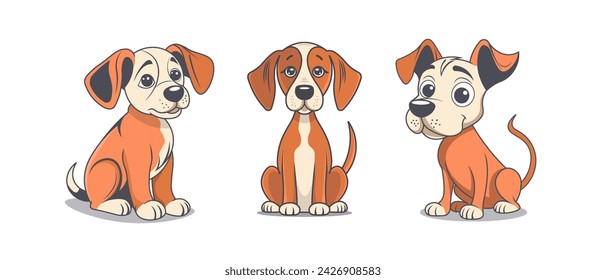 Colección vectorial de dibujos animados divertidos cachorros rojos lindos. Grupo de pegatinas para mascotas. Sentados adorables perros. Fondo blanco aislado.