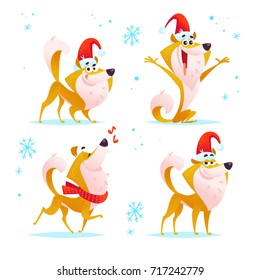Vector collection of cartoon funny smiling dog in santa hat with snowflake isolated on white background. Christmas puppy character portrait illustration set. Card, banner, flyer, invitation design.