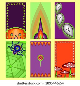 Vector collection of cartoon Halloween celebration cards and flayers with lettering and cute funny animals. Halloween traditional decoration elements on colorful background. Poster, banner design.
