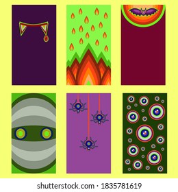 Vector collection of cartoon Halloween celebration cards and flayers with lettering and cute funny animals. Halloween traditional decoration elements on colorful background. Poster, banner design.