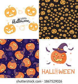 Vector collection of cartoon Halloween celebration cards. Halloween traditional decoration elements on dark background. Poster, banner design.