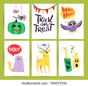 Vector collection of cartoon Halloween celebration cards and flayers with lettering and funny animals. Halloween traditional decoration elements and animals on white background. Poster, banner design.