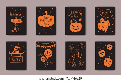 Vector collection of cartoon Halloween celebration cards with hand drawn lettering. Halloween traditional design decoration elements on dark background. Poster, banner, brochure flayer design.