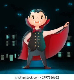 Vector collection of cartoon Halloween character dracula with dark city background, bats and glow in the darkness.