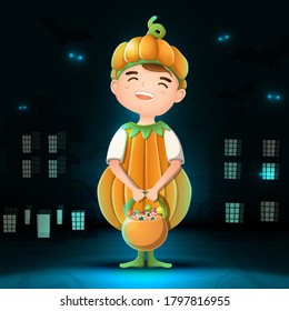 Vector collection of cartoon Halloween character pumpkin with dark city background, bats and glow in the darkness.