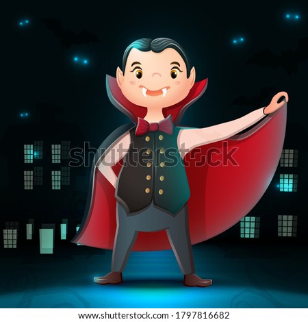 Vector collection of cartoon Halloween character dracula with dark city background, bats and glow in the darkness.