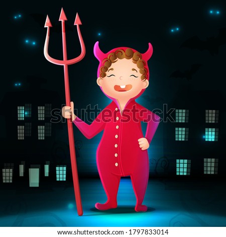 Vector collection of cartoon Halloween character devil with dark city background, bats and glow in the darkness.