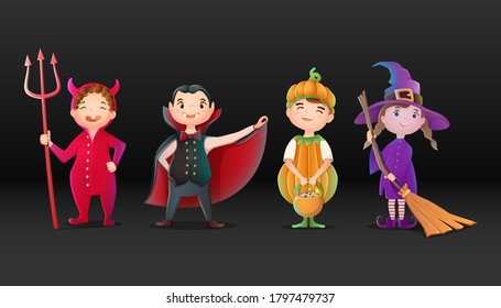 Vector collection of cartoon Halloween characters, devil, witch, pumpkin and Dracula.