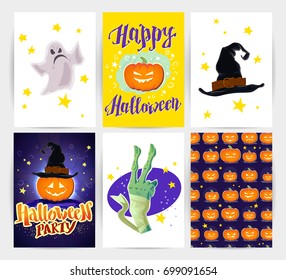 Vector collection of cartoon Halloween spooky cards and party invitations and flyers with lettering, patterns, decoration elements. Poster, placard designs.