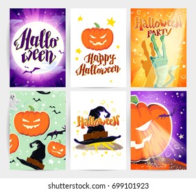 Vector collection of cartoon Halloween spooky cards and party invitations and flyers with lettering, patterns, decoration elements. Poster, placard designs.