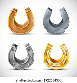 Vector Collection Of Cartoon Horseshoe In Different Shapes Made Of Wood, Metal, Gold And Stone.