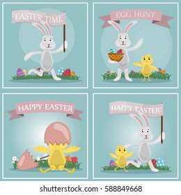 Vector collection of cartoon illustrations with easter rabbit, chick and eggs. Concept of Happy Easter.
